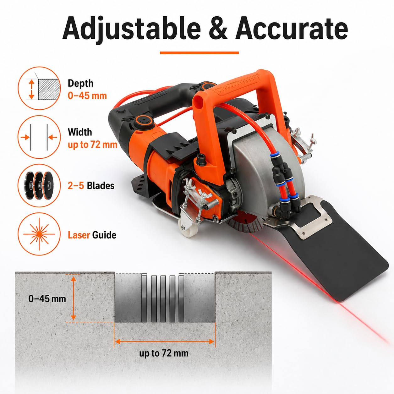 Fresadora de pared con ranura de 5200 W, fresadora eléctrica de pared con guía láser, depósito de agua y 5 hojas de sierra, máquina ranuradora para hormigón, ladrillo, granito, mármol, azulejos
