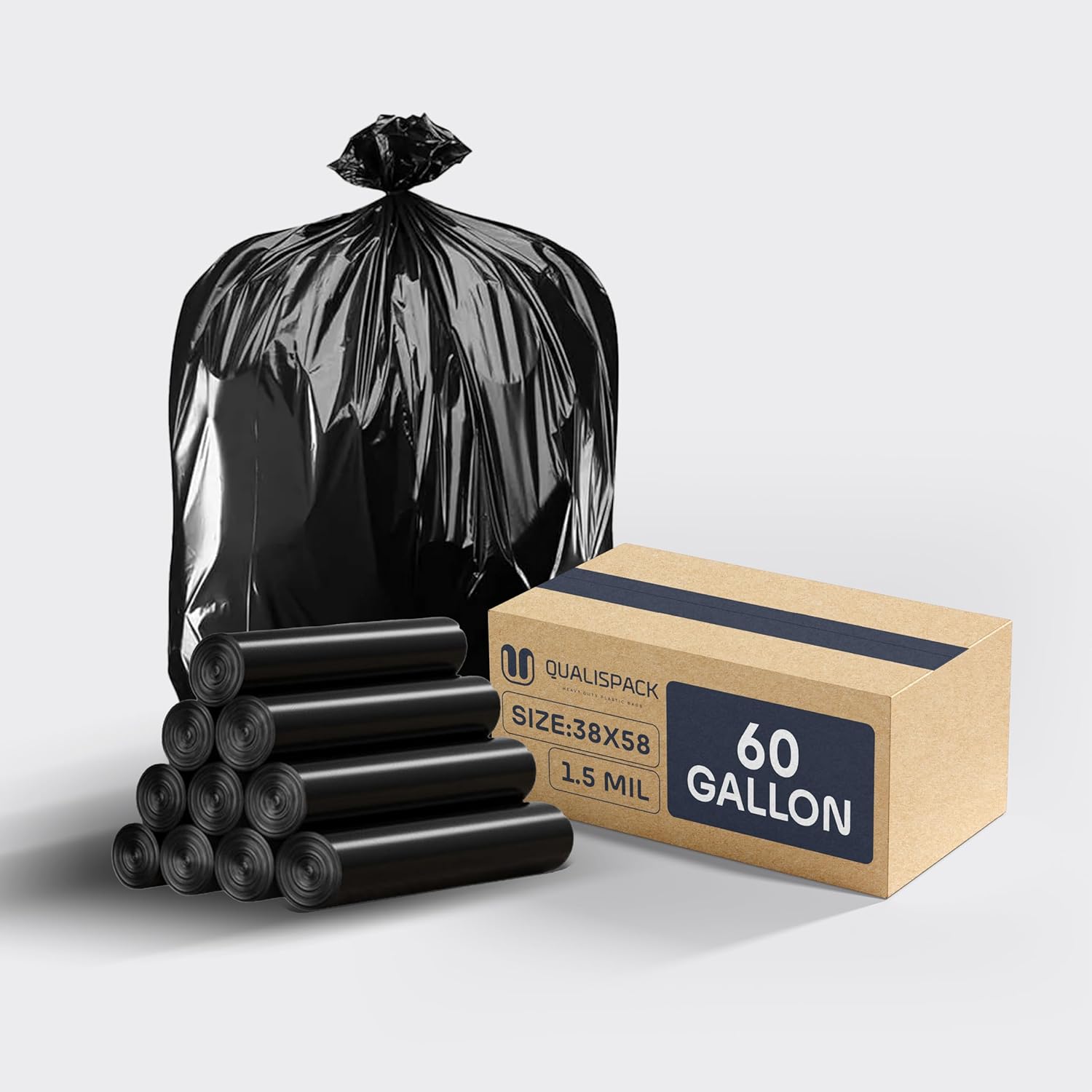 60 Gallon Can Liners | 38x58 Black 1.5 Mil | Heavy Duty Eco-Friendly Trash Bags | 150 Bags for Industrial, Commercial Use