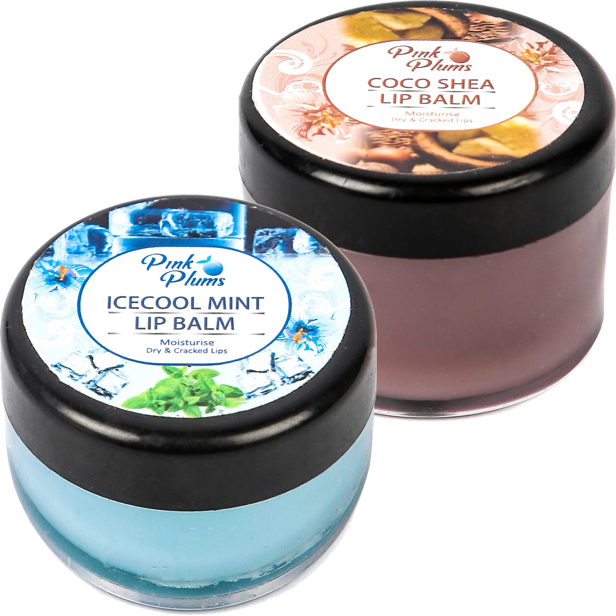 Pink Plums Lip Balm (15 ml Set of 2) Coco Shea + Ice Cool Mint Non-Tinted For Dry, Cracked & Chapped Lips, Ultra Moisturization & Velvet Feels, 15 ml For Men & Women