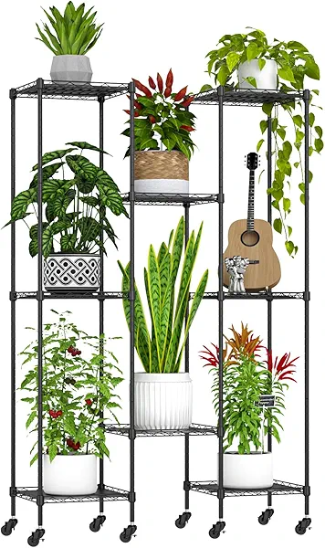 Abimars 59'' Plant Stand with Wheels, Shelf Height Adjustable Metal Plant Shelf for 8 Potted Plants, DIY Assembly Indoor & Outdoor Plant Display Rack