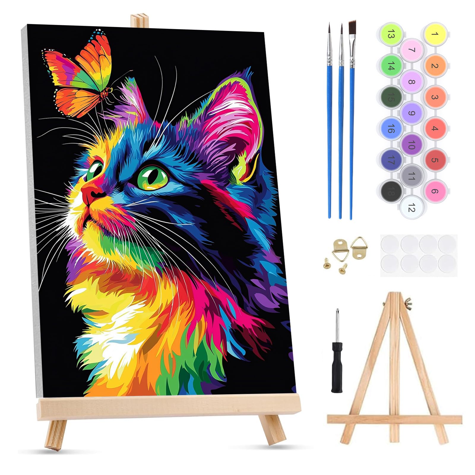 QENSPE Paint by Numbers for Adults on Framed Canvas - with Wooden Easel, Colorful Cat Painting by Number Kit for Beginners, DIY Animal Acrylic Oil Painting for Home Wall Decor 8x12 Inch