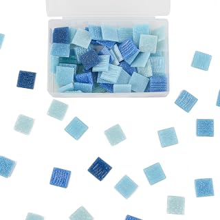Square Iridescent Mosaic Tiles 250g, 3/4 Inch Glass Mosaic Tiles for Crafts Bulk DIY Picture Frames Christmas Handmade Coasters Art Project Decoration (Mixed Blue)