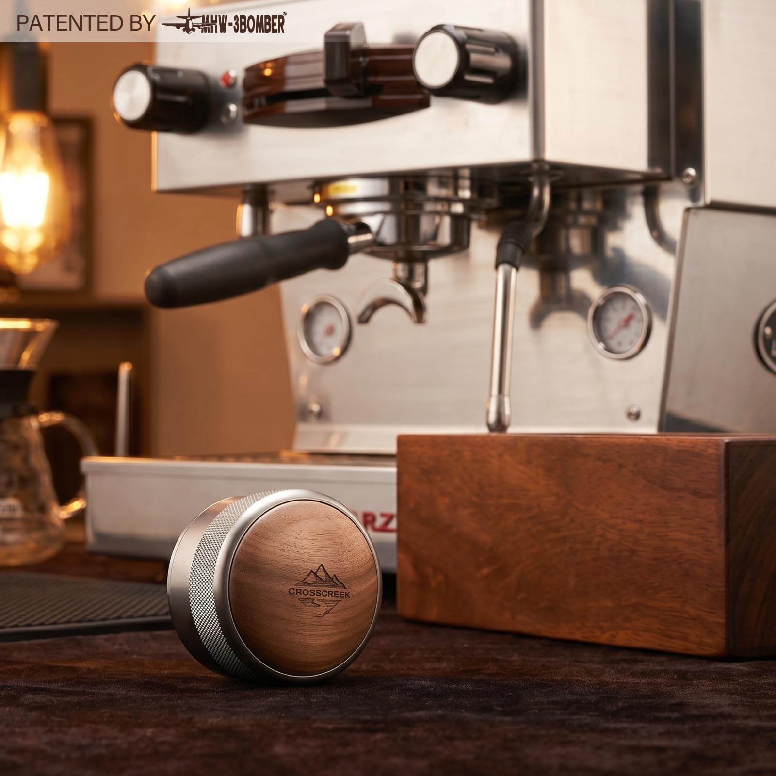 CrossCreek Dystrybutor espresso 58 mm, regulowana głębokość pasuje do wszystkich portafiltrów do espresso 58 mm, Breville/Rancilio/La Marzocco, narzędzia do dystrybucji ze stali nierdzewnej i orzecha