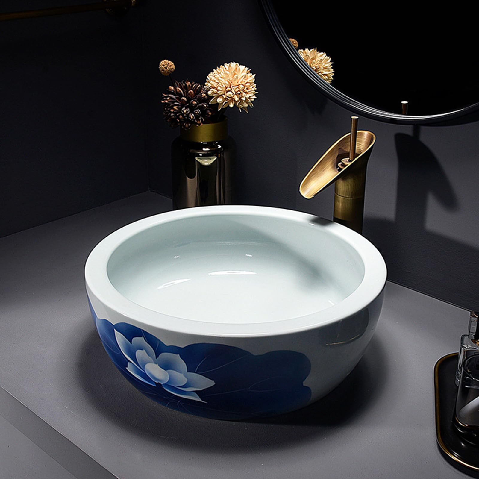 Aioneer Bathroom Vessel Sink With Faucets Combo,Round Sink Bowls For Bathroom Round Blue And White Porcelain Bathroom Sink Above Counter With Flower