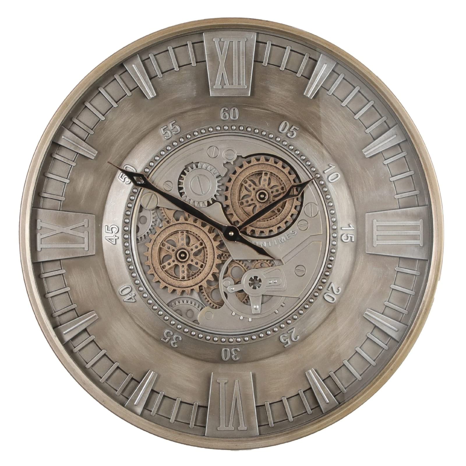 Wanduhr mit echtem Bewegungsgetriebe Zahnrädern 59,5cm (Metall, Antike Grau)