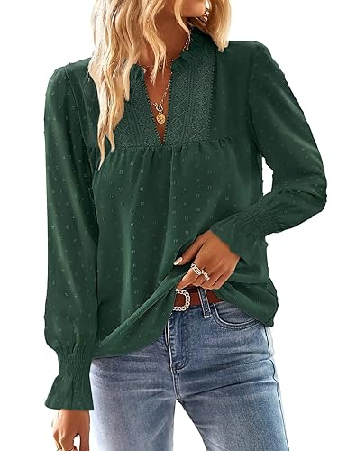 Boho Tops for Women V Neck Blouses Flowy Swiss Dot