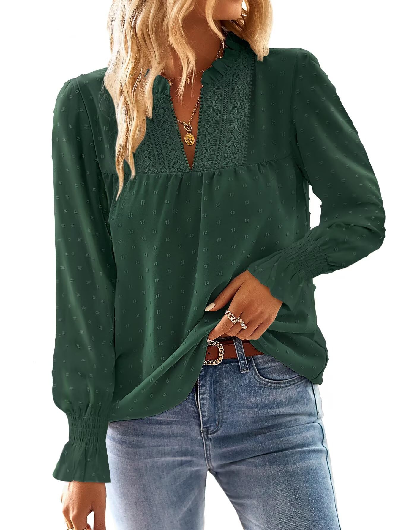 TUUHAW Langarmshirt Damen Herbst Boho Top Oberteile Fließend Elegant V-Ausschnitt T Shirt Süß Lässig Outfits Frühling Winter Longshirt Spitze Kleidung Paspel Volant
