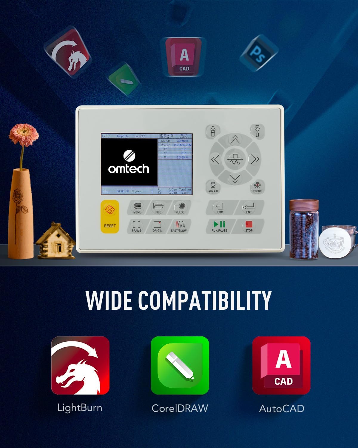 Control panel of the OMTech laser engraver with various buttons and a screen, showing software compatibility icons.