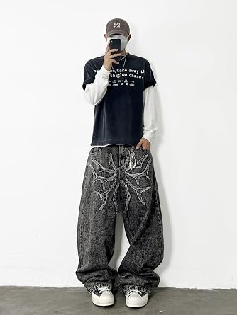DFGIGT メンズ ヒップホップ バギージーンズ Y2k スタイリッシュ パッチ刺繍 ワイドレッグ ジーンズ カジュアル スケーター ルーズフィット デニムパンツ