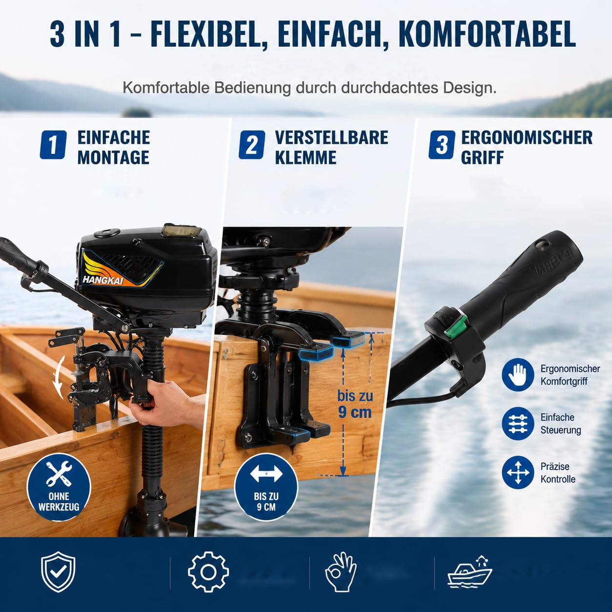 1000W Außenbordmotor, Elektrischer Anlasser mit 3000–3700 U/min | 1,0 PS Außenborder, Aluminium Bootsanlasser für Aufblasbare Fischerboot Fischerboot und Angeln, (Ohne Batterien)