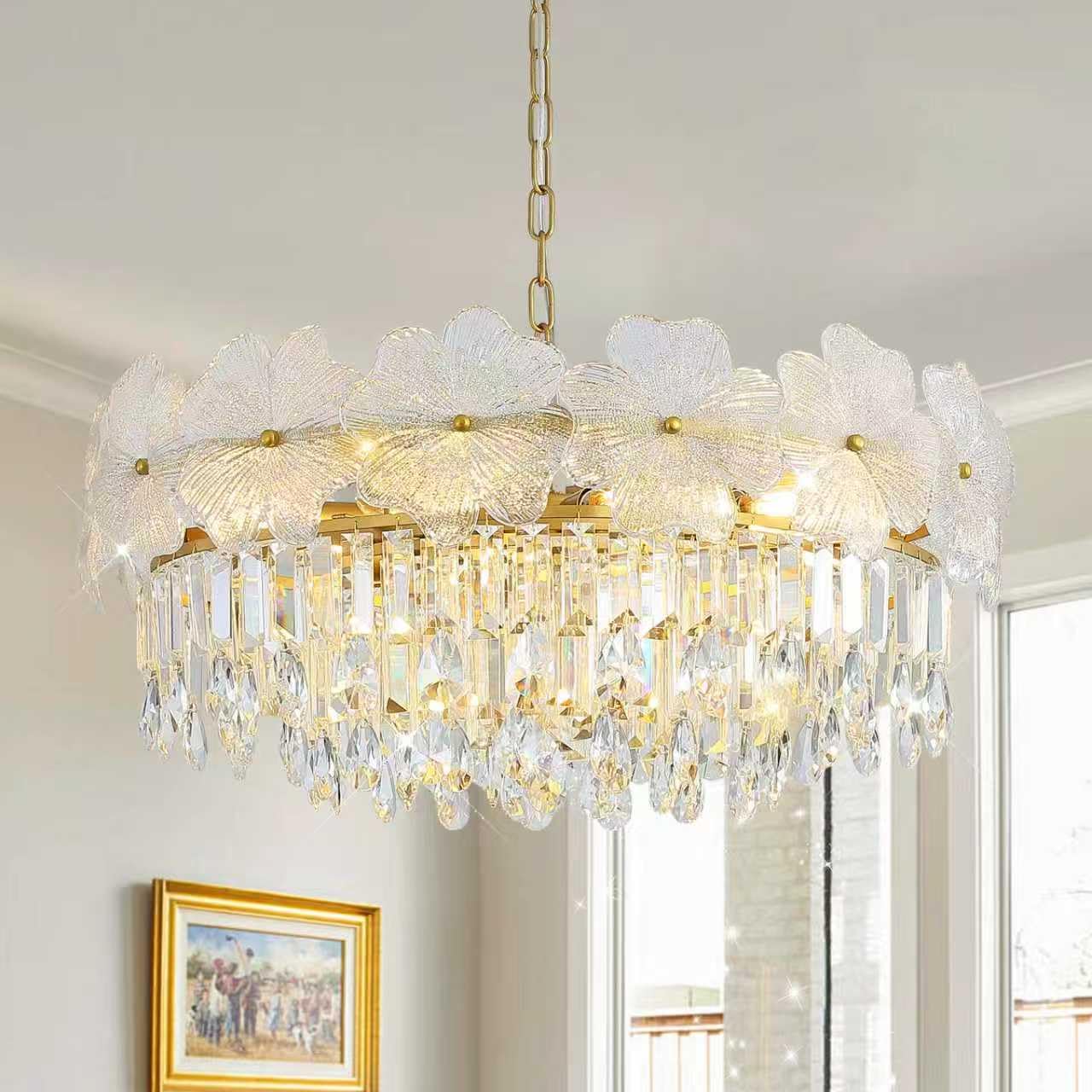 Photo 1 of GlowHub Gold Crystal Chandelier, 24" Modern Chandelier with Flower Glass