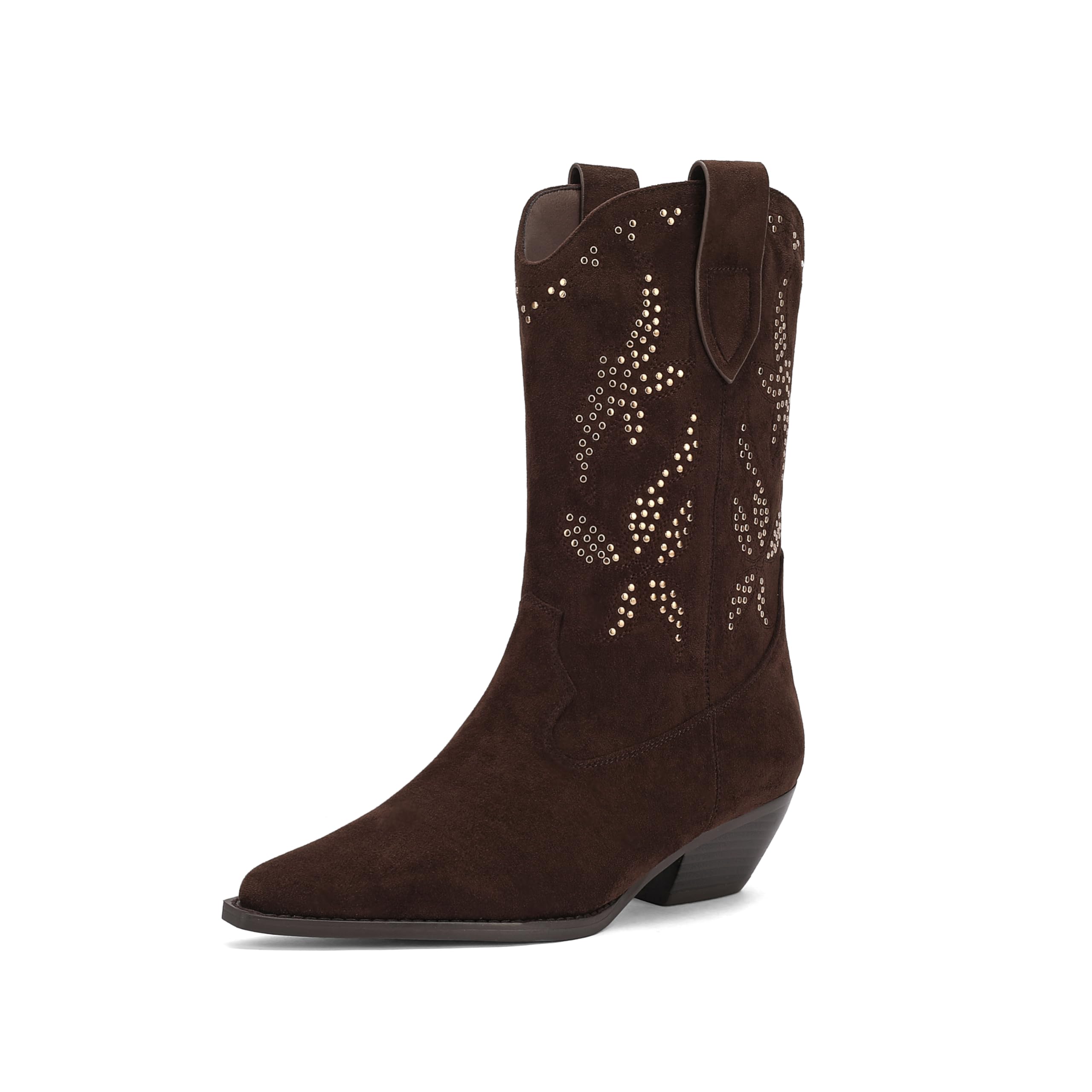 Cowgirl Western Boots Stud Embellishments Black Pointed Toe Suede Womens Cowboy Boots For Women Studded Embellished Mid-Calf Western