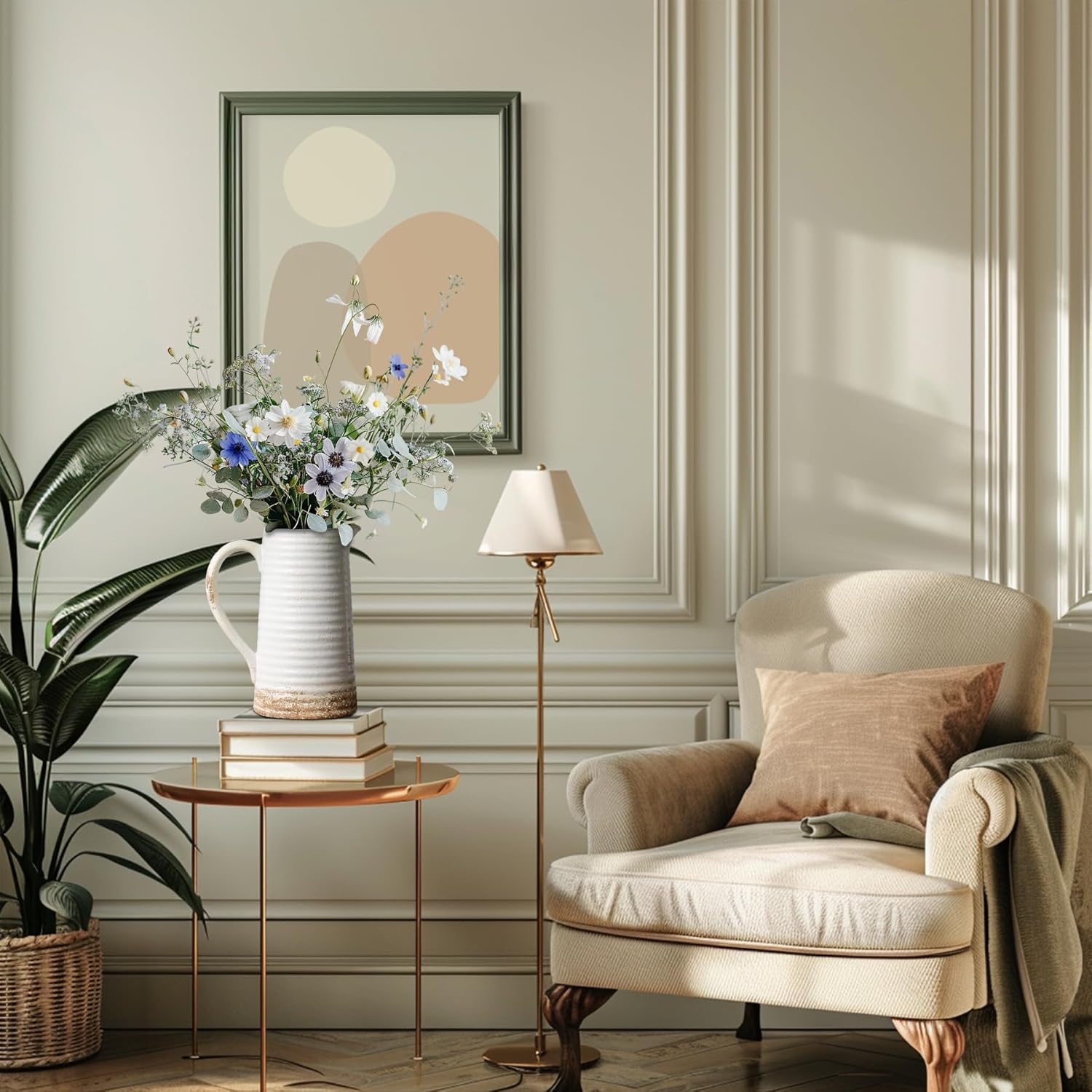 Quoowiit Ceramic Rustic Vase with Handle, White Distressed Decorative Farmhouse Pitcher Vase for Home Decor Living Room Bedroom Kitchen Office Shelf Decor Centerpiece Table Decoration - Image 8