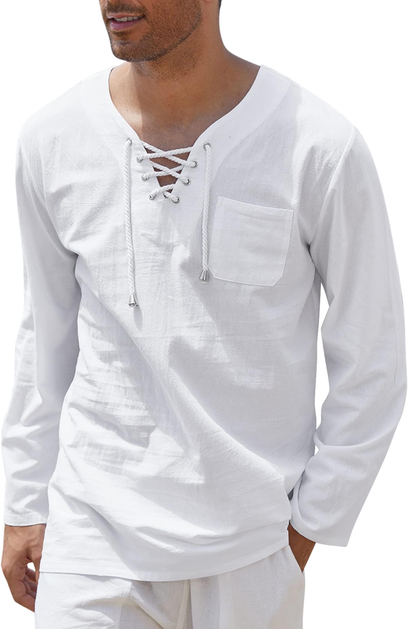 COOFANDY Mens Linen Beach Tee Shirts Cotton Hippie Shirts V Neck Long Sleeve Tunic Big and Tall Yoga Shirt