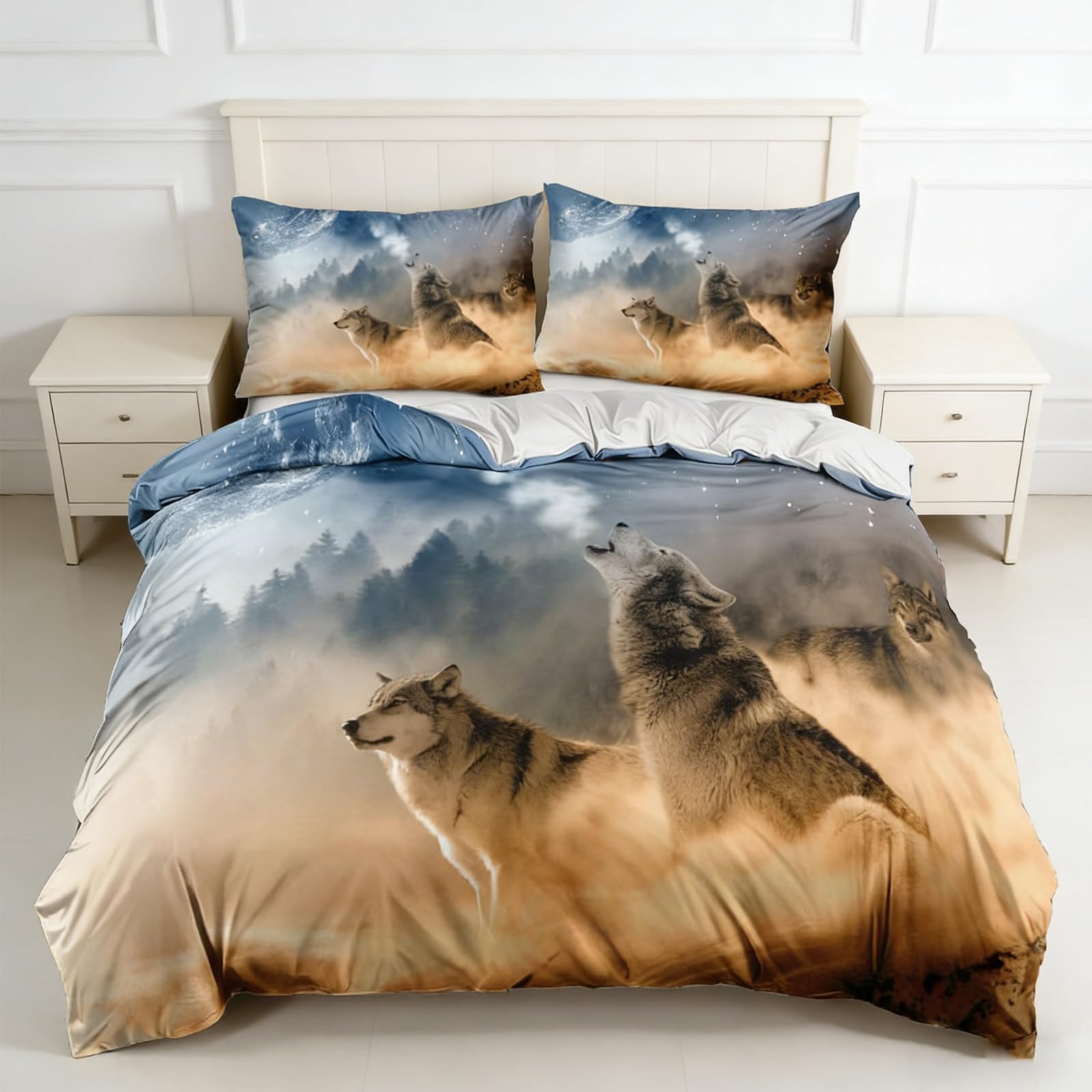 Housse de couette loup 3D 200x200 cm avec taies d'oreiller pour lit enfant
