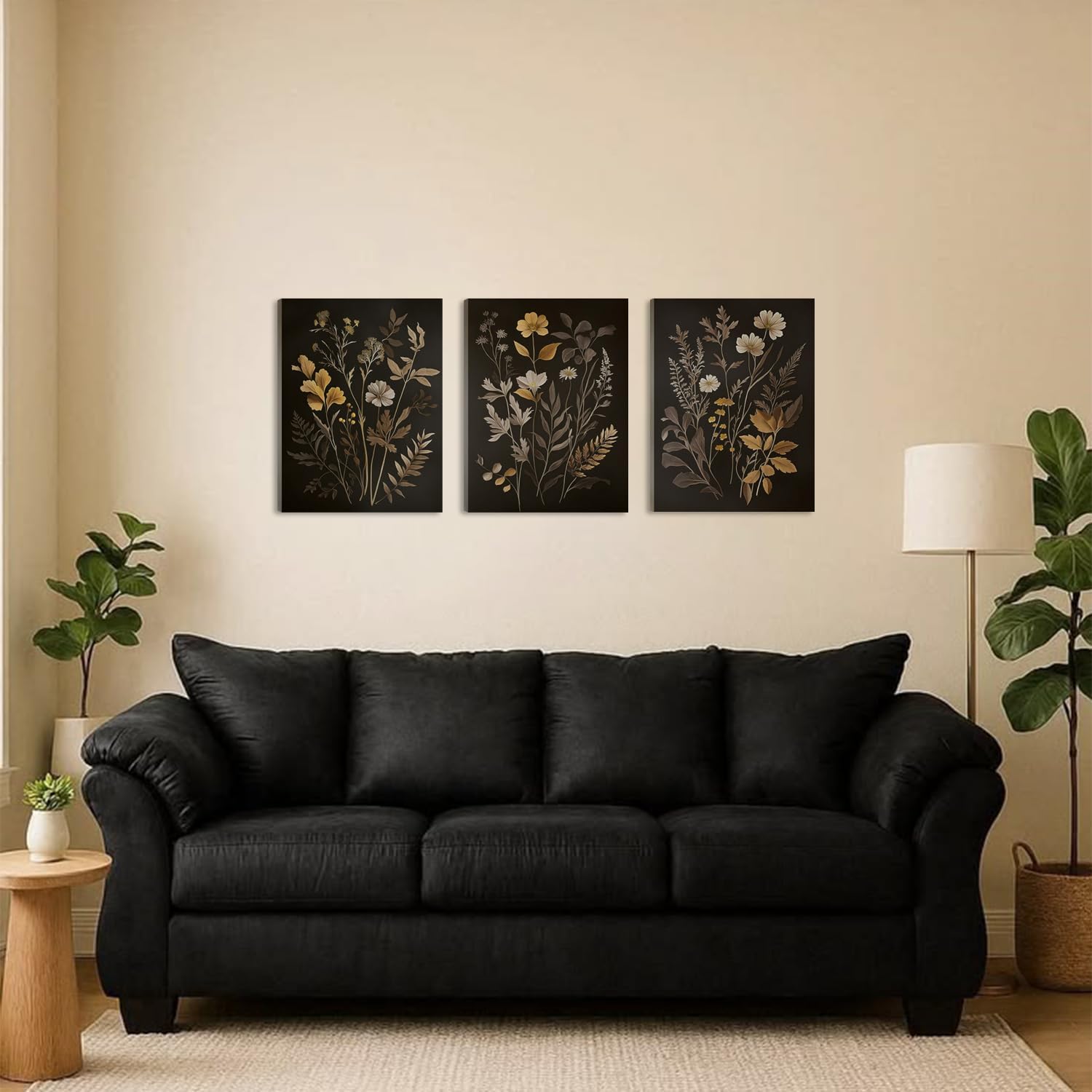 Vintage Dark Gothic Flowers Canvas Wrapped Wall Art Set of 3 16x12in Framed image 2