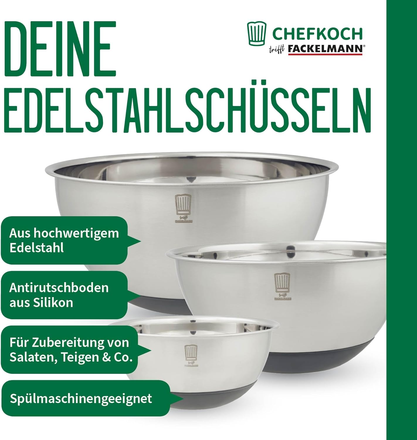 FACKELMANN Chefkoch trifft 3-Piece Premium Bowl Set Made of Stainless Steel, 1.25 L, 2.5 L, 4 L, with Non-Slip Silicone Base, Ideal for Salads, Doughs and More, Dishwasher Safe