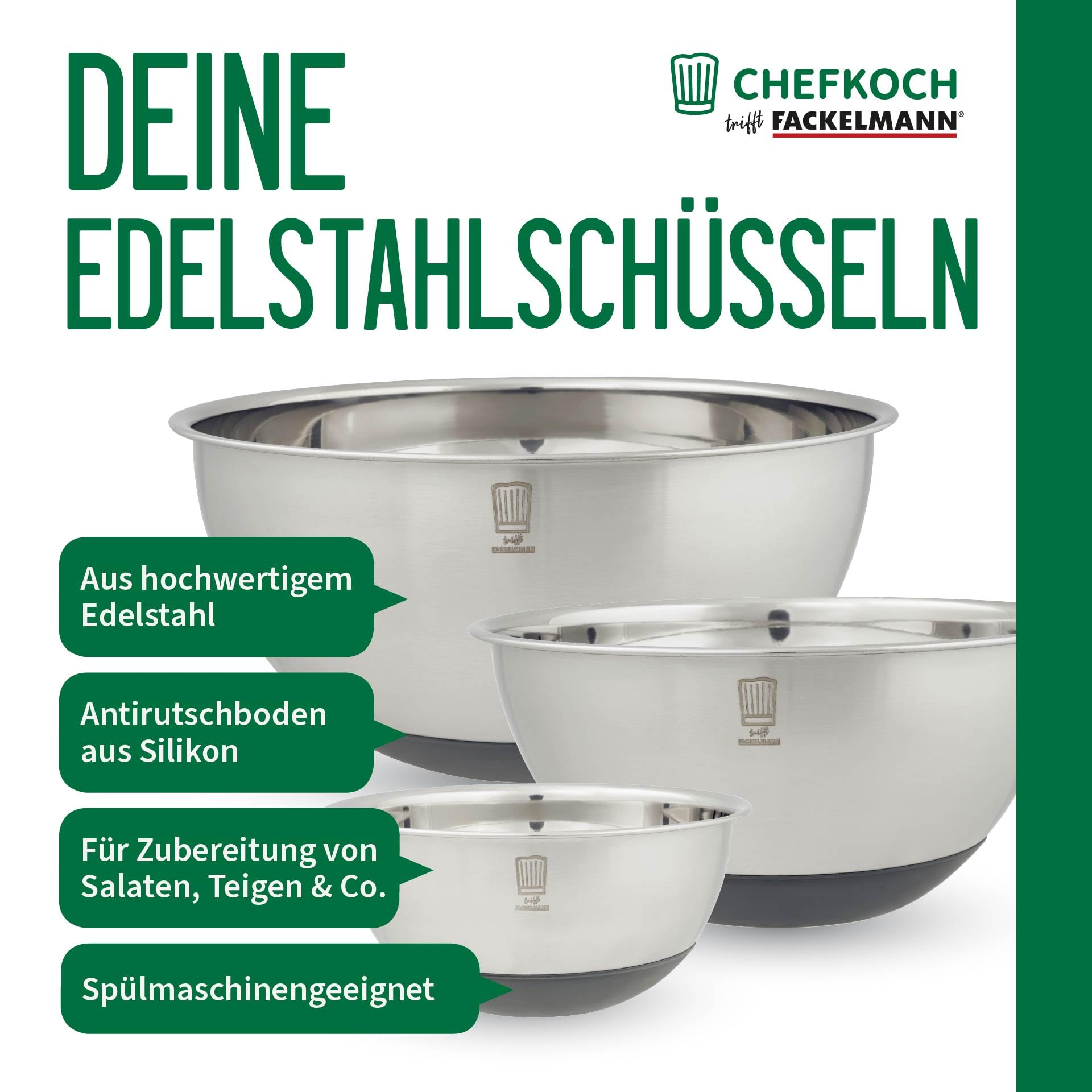 FACKELMANN Chefkoch trifft 3-teiliges Premium Schüsselset aus Edelstahl, inkl. Antirutschboden aus Silikon, 1,25l, 2,5l, 4l, ideal für Salate, Teige & mehr, spülmaschinengeeignet