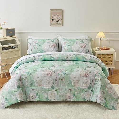 YIYEA Juego de edredón tamaño King Estampado floral 7 piezas de cama en una bolsa Juegos de ropa de cama para todas las estaciones con edredón,