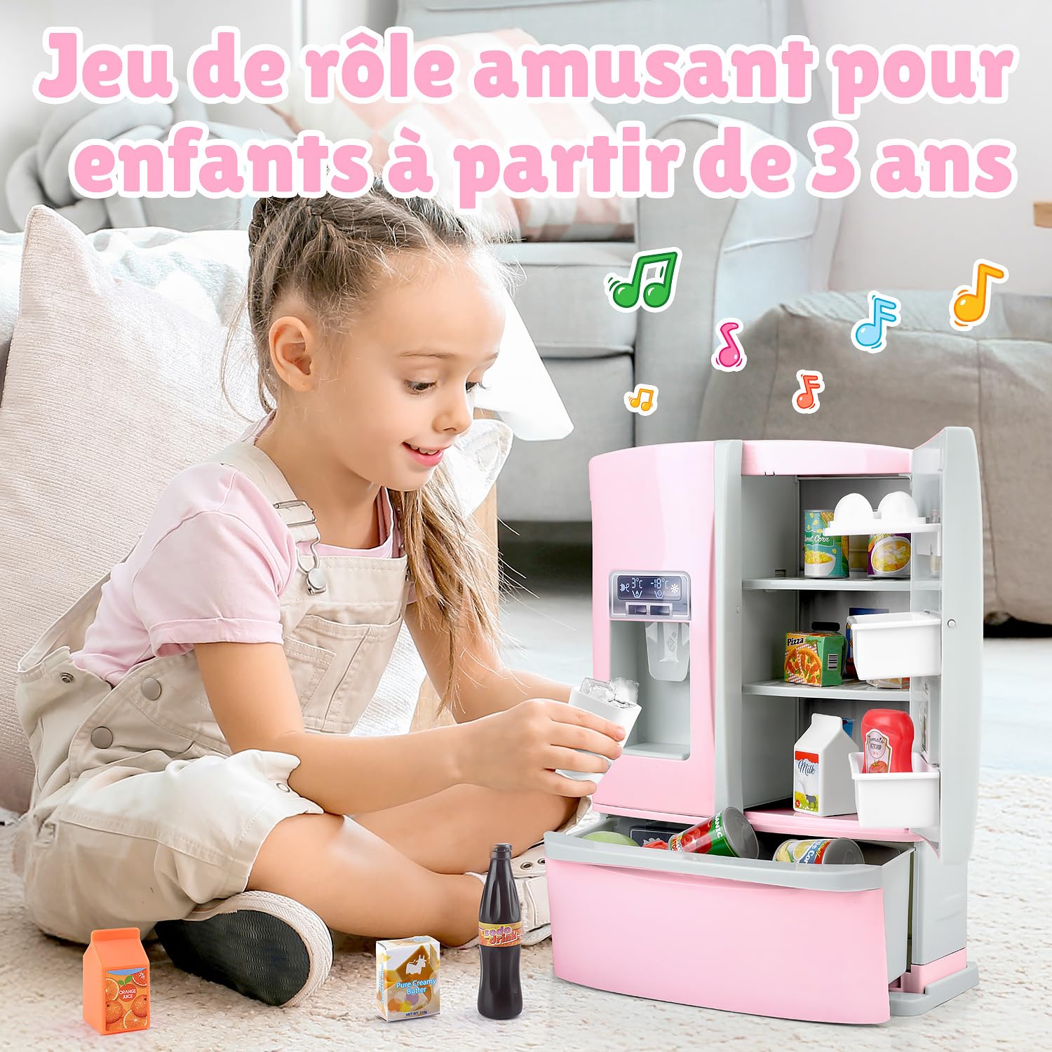 PLAY Jouet de cuisine pour enfant avec distributeur de glace, réfrigérateur pour enfant, jouet alimentaire, glaçons, gadget de cuisine pour enfants à partir de 3 ans, rose