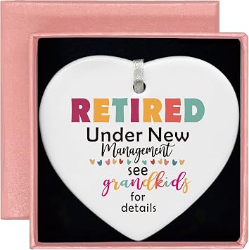 Funny Retirement Gift for Grandma Nana-Heart Shaped White Ceramic Ornament-Retired Under New Management-Grandmother Appreciation Present-Ceramic Keepsake with Gift Box
