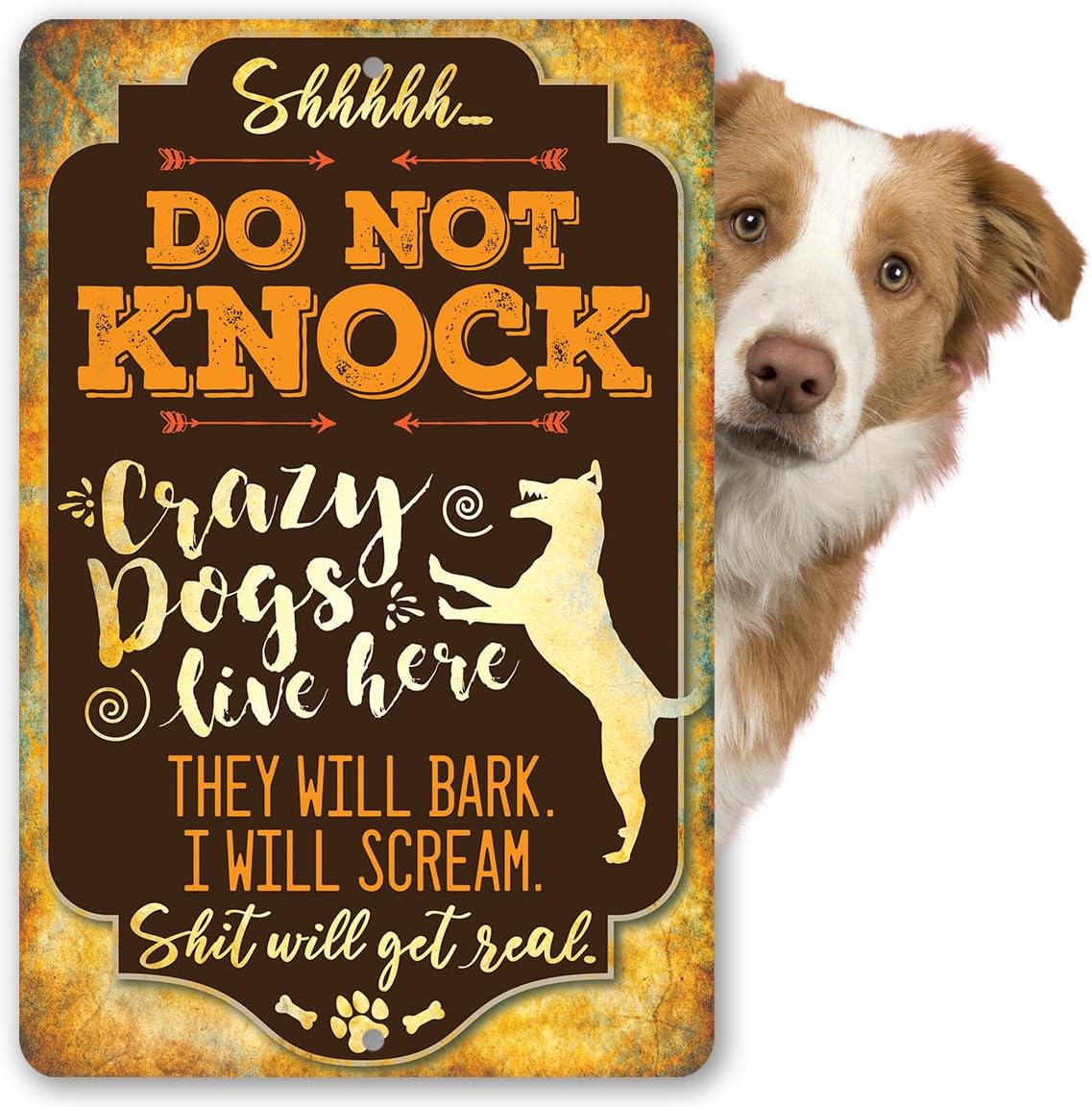 Crazy Dogs Live Here Metal Sign – Funny Dog Wall Decor for Home – Indoor/Outdoor Pet Sign – Rustic Decorative Accent for Entryways, Yards, or Living Spaces
