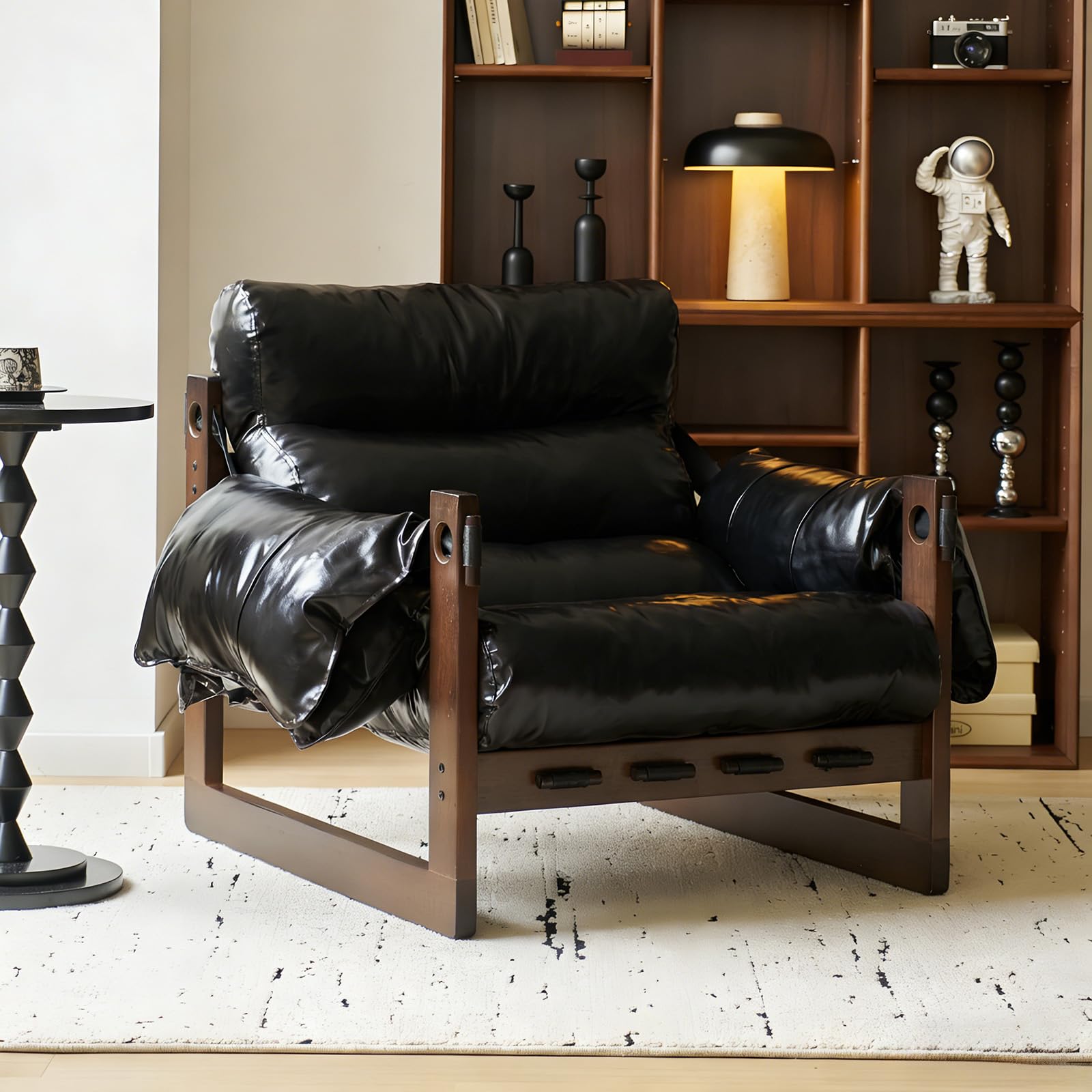 Mid-Century Retro Loungesessel, Ölwachsleder Gepolsterter Relaxsessel mit Massivholzrahmen, Ergonomischer Einzelsofa mit Armlehnen, Bequemer Lazy Sofa Sessel fürs Wohnzimmer Schlafzimmer Schwarz 120kg