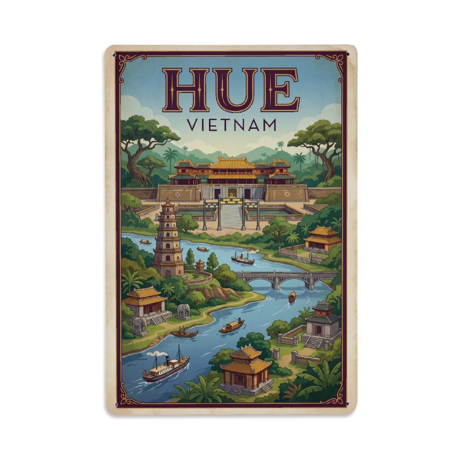 Vintage Vietnam Hue Travel Metal Tin Sign Plaque Wall Decor for Cafe, Club Bar, Office, Garden Metal Poster 8x12Inch