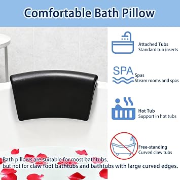 Bath Pillow, Bath Pillows for Tub with Head, Neck and Shoulder Support, Ergonomic Waterproof Bathtub Pillow with Strong Non-Slip Suction Cups, Relaxing Spa, Hot Tubs, Bathroom Essentials Black