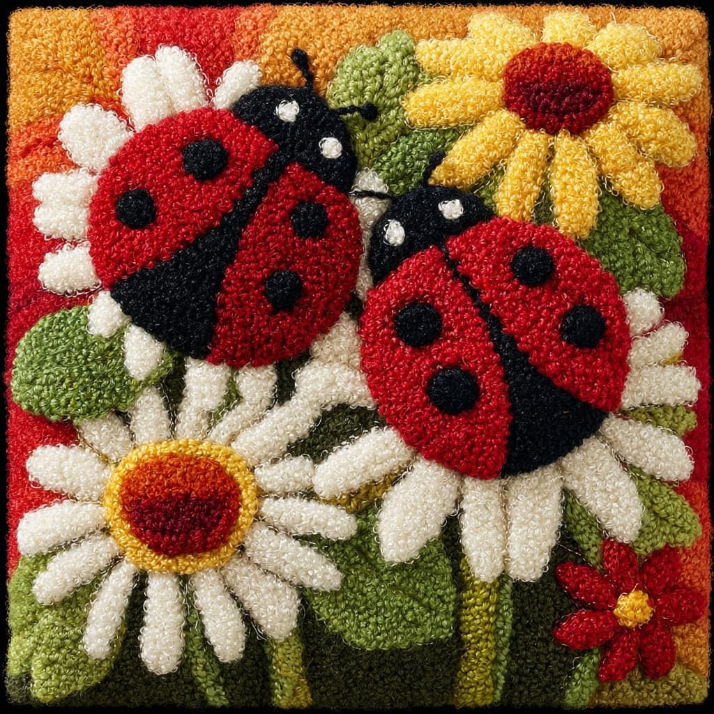 Henypt Latch Hook Kits-D Diy Latch Hook Pillow Case Kit Flowers And Ladybugs