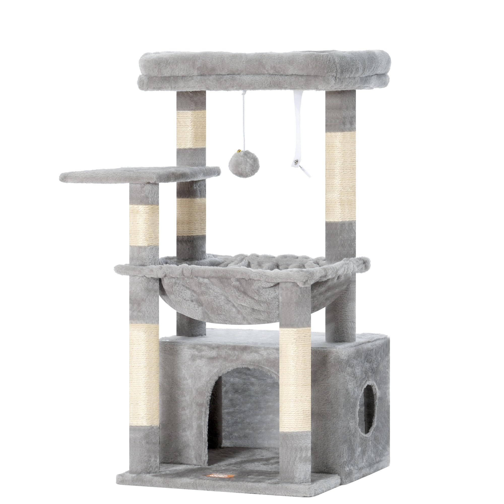 Heybly Arbre À Chat, Arbre À Chat avec Très Grand Panier pour Matou, Bois À Matou avec Lit Spacieux pour Matou Et Couchette Cachée, et Balle en Peluche, Gris Clair HCT008SW