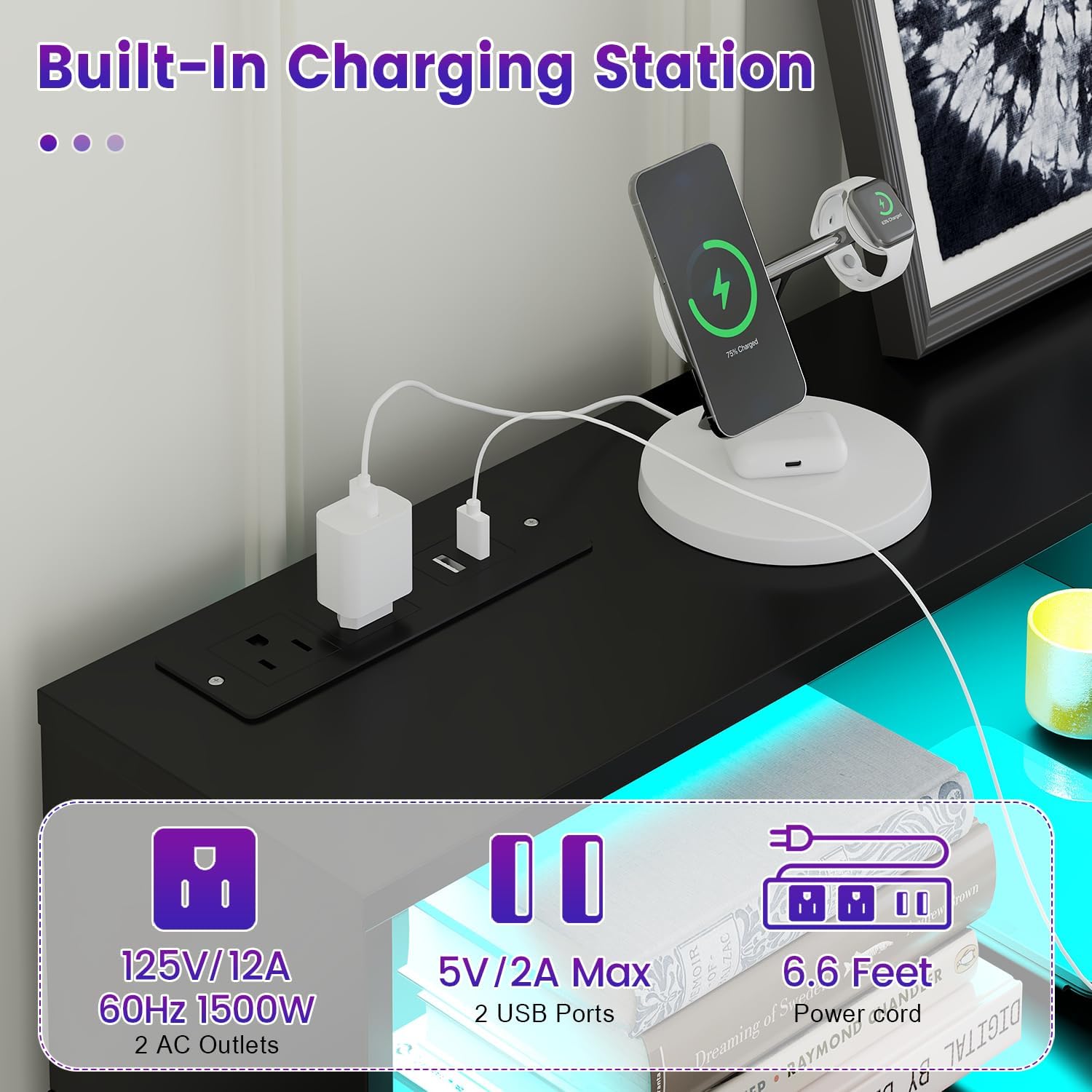 Black Dresser with LED Lights, 6 Drawer Dresser with Power Outlet for Bedroom, Large Wooden Chest of Drawers, Organizer Cabinet for Bedroom,Living Room,Hallway, Entryway