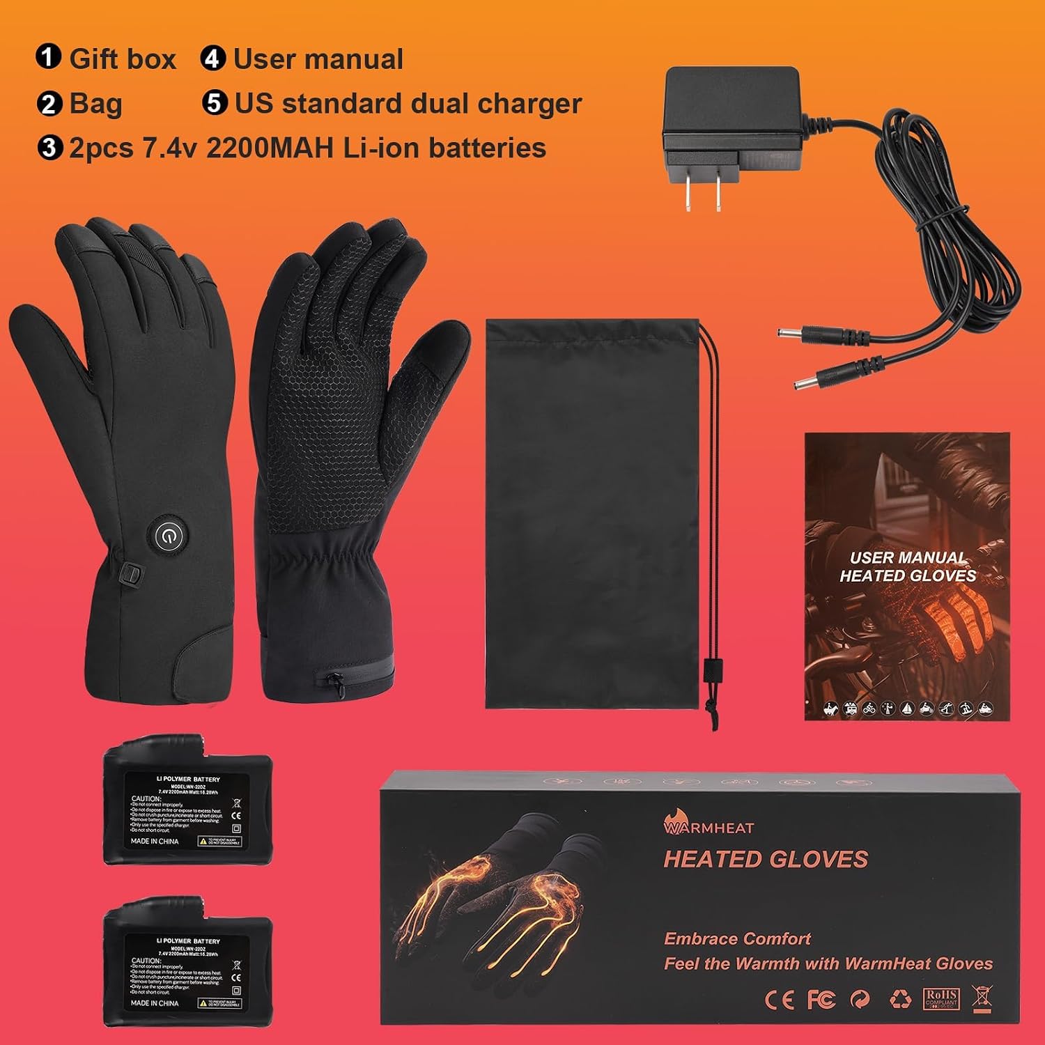 Heated Gloves for Men Women, 7.6V Rechargeable Battery Thickened Heated Waterproof Winter Snow Heated Gloves for Hunting Hiking Skiing Camping Cycling and Other Outdoor Sports