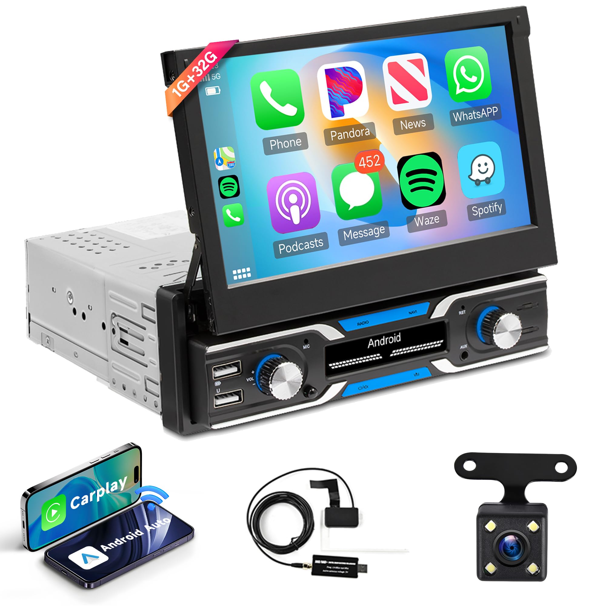 Autoradio 2 Din 7" Avec Carplay/Android Auto Sans Fil - DAB+, Bluetooth 5.2, Caméra De Recul, Commandes Au Volant - Pour Voiture