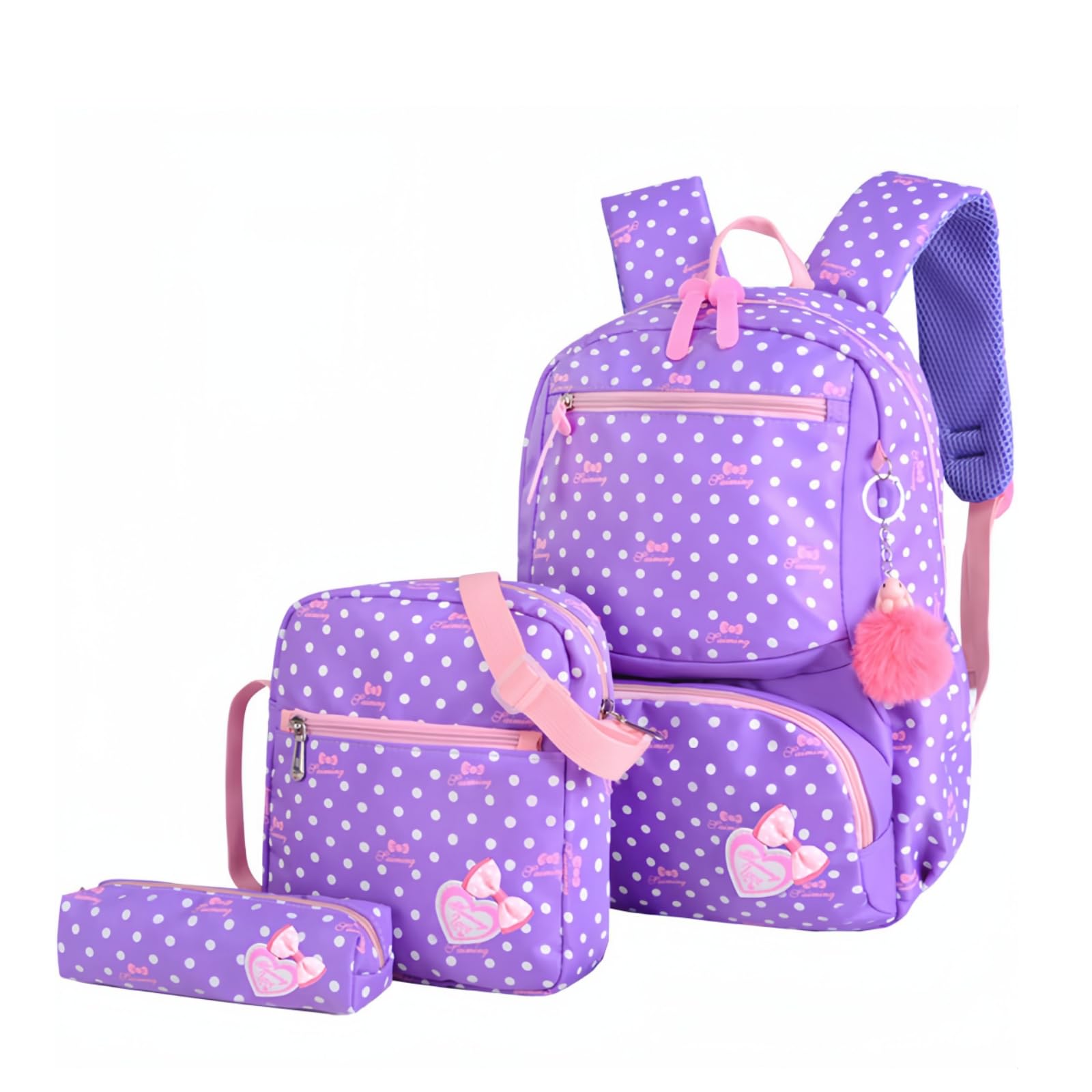 Armbq 3Pcs Kids Backpack Bowknot Printed Daypack Girls 3 in 1 School Bag with Shoulder Bag and Pencil Bag