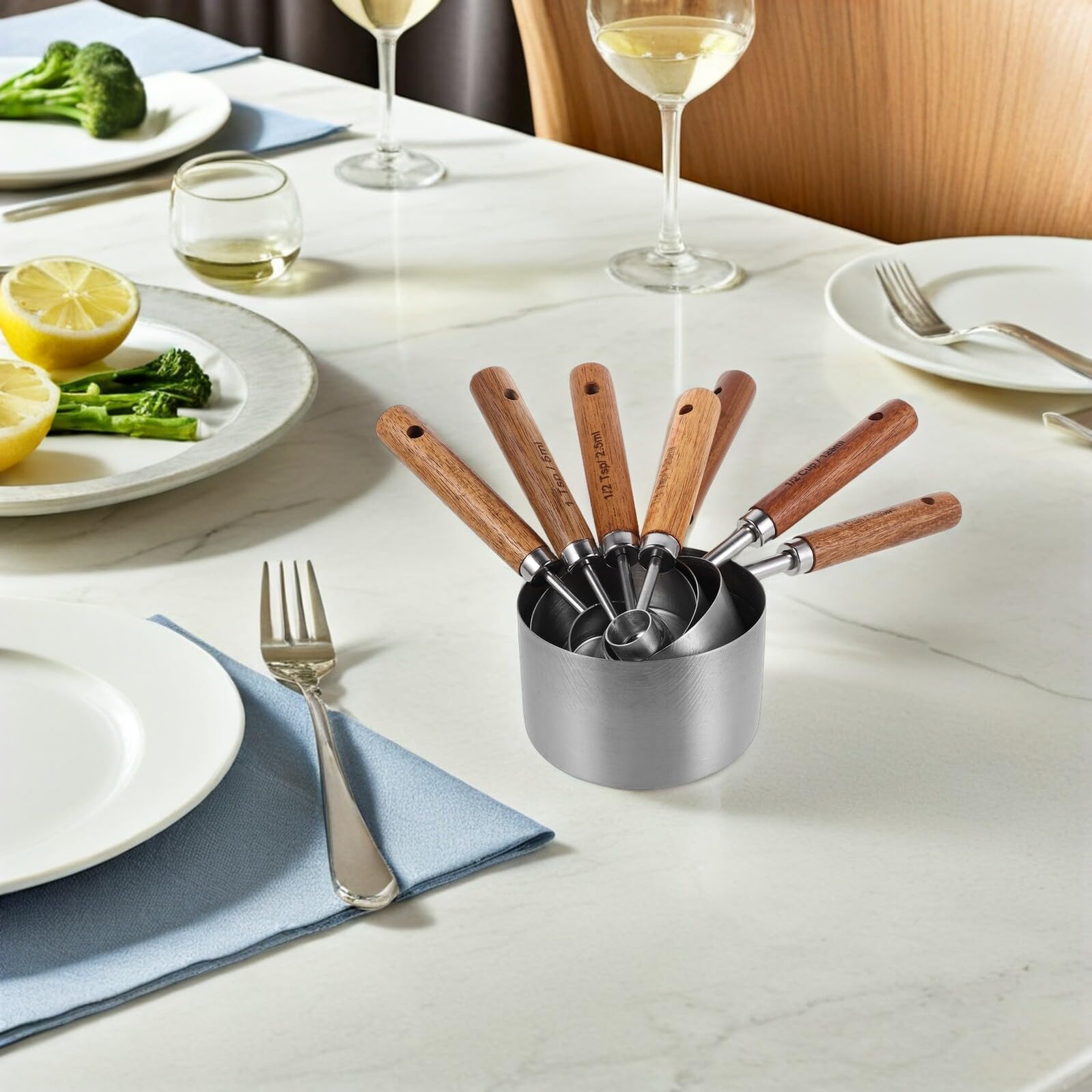 Artibetter Cuillères et Tasses à Mesurer Poignée en Bois Antidérapante Ensemble de 8 en Acier Inoxydable pour Professionnels Cuisine et Pâtisserie