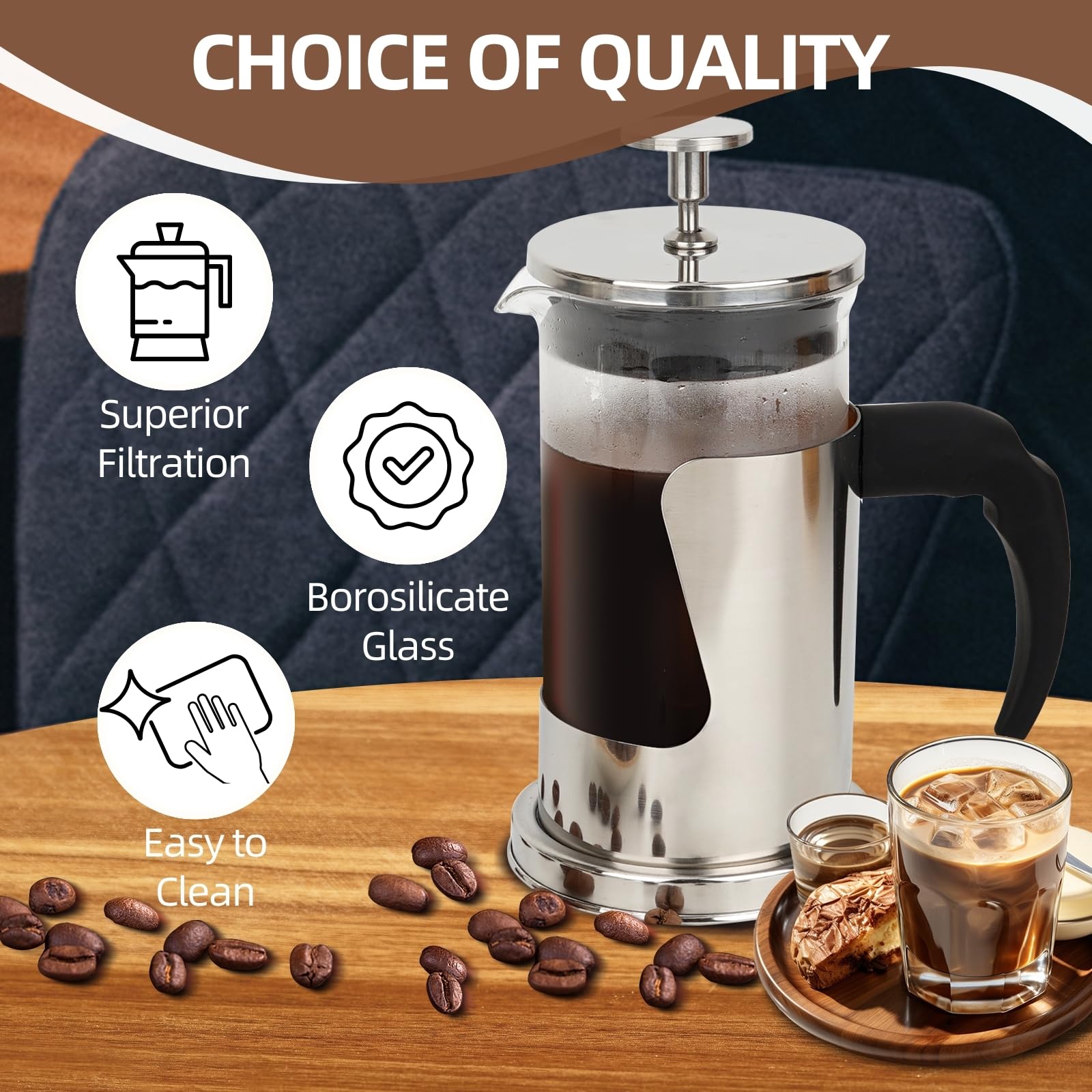 Starward French Press 350 ml Caffettiera in Acciaio Inox, Vetro Borosilicato, Filtro