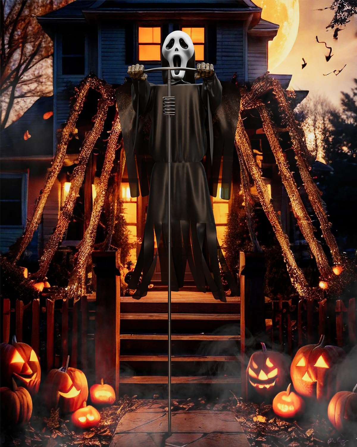 COOLWUFAN Halloween Flying Scarecrow Ghost with Metal Pole, Large Scary Spooky Scarecrows Ghosts, Creepy Grim Animated Halloween Decorations for Outdoor Yard Porch Lawn Garden, Party (1 Pack) 7 FT