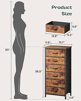 Huuger 6 Drawer Dresser for Bedroom, Tall Dresser & Chests of Drawers, Fabric Dresser for Closet, Bedroom, Night Stand, End Table with Metal Frame, Storage Tower with Fabric Bins, Rustic Brown