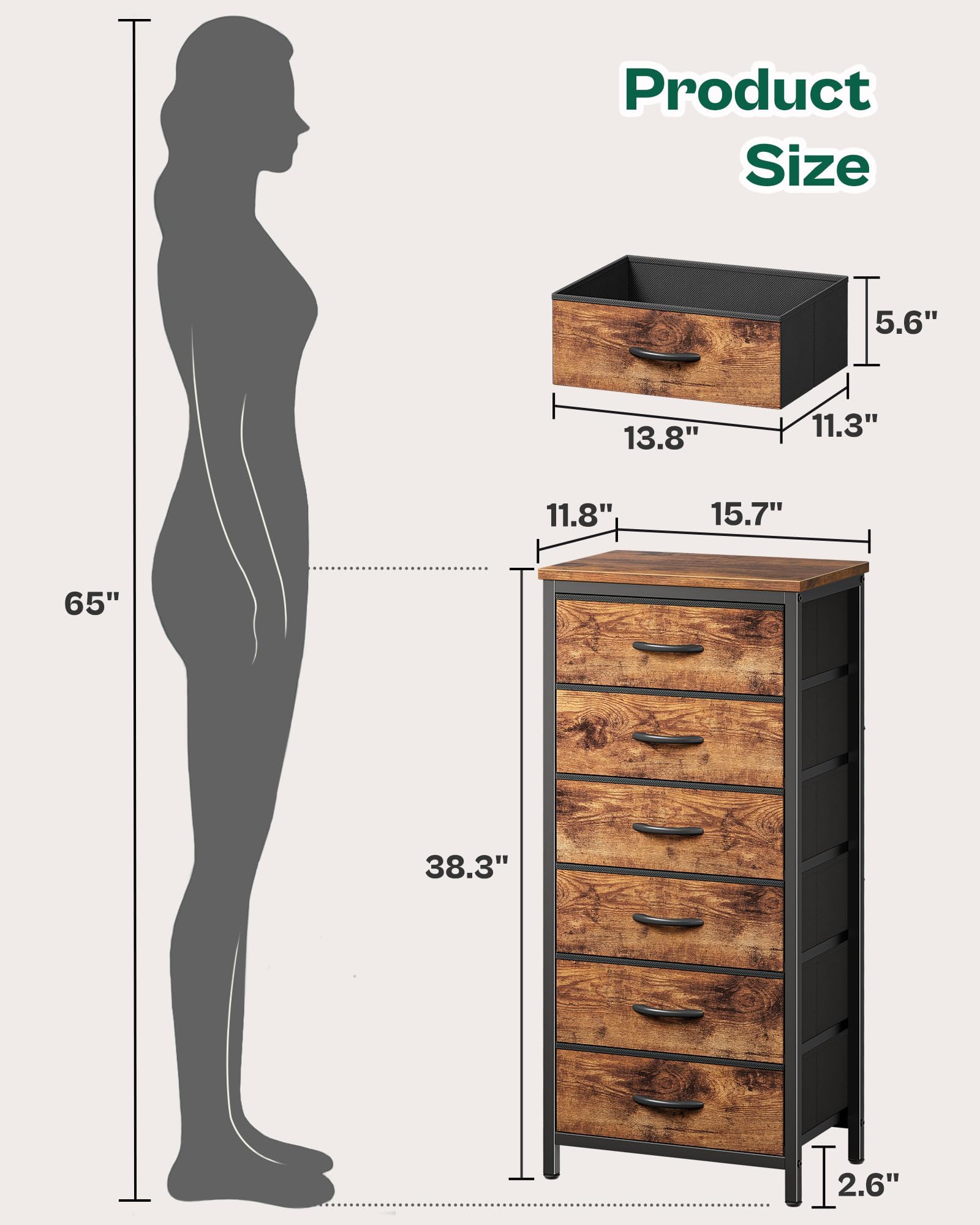 Huuger 6 Drawer Dresser for Bedroom, Tall Dresser & Chests of Drawers, Fabric Dresser for Closet, Bedroom, Night Stand, End Table with Metal Frame, Storage Tower with Fabric Bins, Rustic Brown