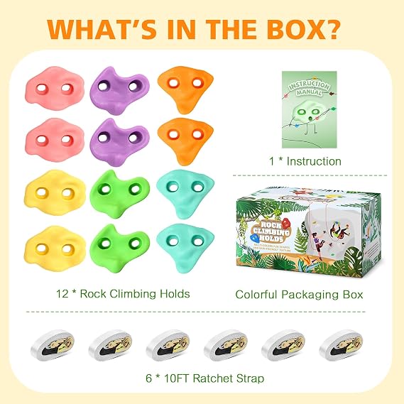 TOPNEW 12 Ninja Tree Climbing Holds for Kids Climber, Tree Climbing Kit with 6 Ratchet Straps for Outdoor Ninja Warrior Obstacle Course Training, Pastel Color
