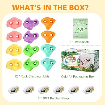 TOPNEW 12 Ninja Tree Climbing Holds for Kids Climber, Tree Climbing Kit with 6 Ratchet Straps for Outdoor Ninja Warrior Obstacle Course Training, Pastel Color