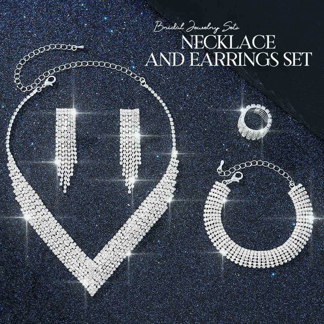 Aukmla Bridal Wedding Jewelry Set Silver Rhinestones Bride Wedding Necklace Earring Bracelet Ring Sets Prom Necklaces for Women - Image 4