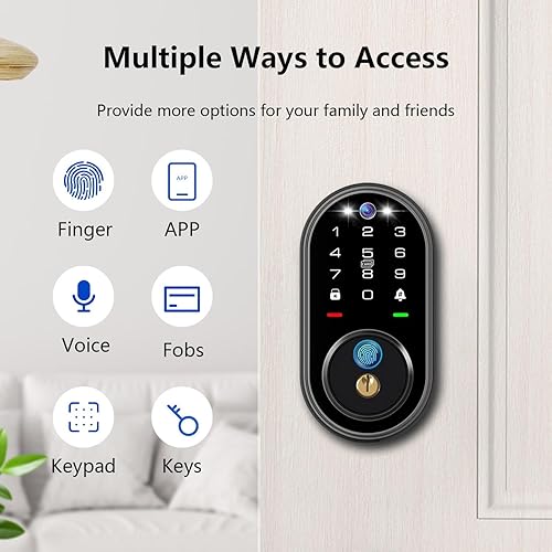 Miniatura 2 de Cerradura inteligente de huellas dactilares con cámara, cerradura de puerta de entrada sin llave para puerta delantera, cerrojo inteligente de video
