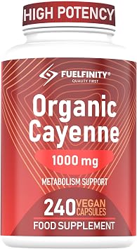 High Strength Organic Cayenne Pepper Capsules - 1000mg Capsicum - 240 Capsules - Fat Management aid Loss - Cayenne Pepper Supplement - Vegan - FuelFinity  Superlative Quality 1 Pack