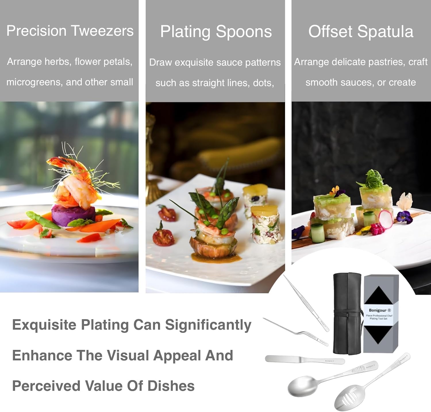 Plating Tool Culinary Set, 6 Piece Professional Chef Plating Tools Kit, Chef Plating Utensils, Spatula, Tweezers for Modernist Cuisine Food Art, Black, Cooking Utensils (Silver)