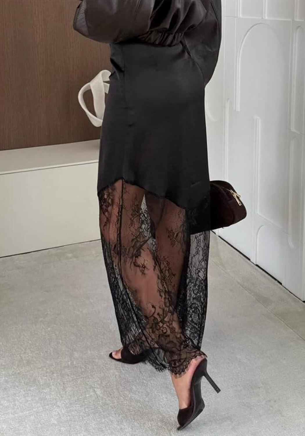 Unybwonn Women Lace Long Skirts Silky Satin High Elastic Waist A-Line Patchwork Boho Maxi Skirt Going Out Party Skirt