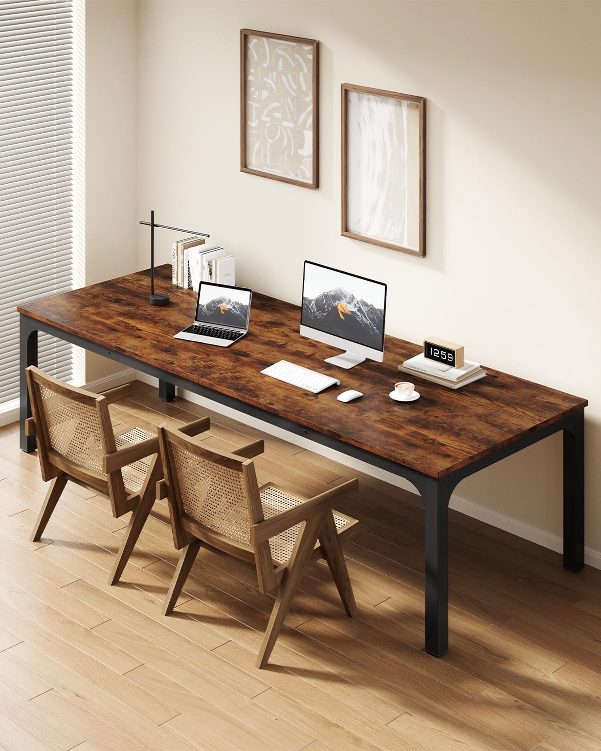 LITTLE TREE Two Person Desk, 78.7 Inches Extra Long Computer Desk, Wooden Large Office Desks with Strong Metal Legs, Double Desk for 2 People, Writing Study Table for Home Office, Brown & Black