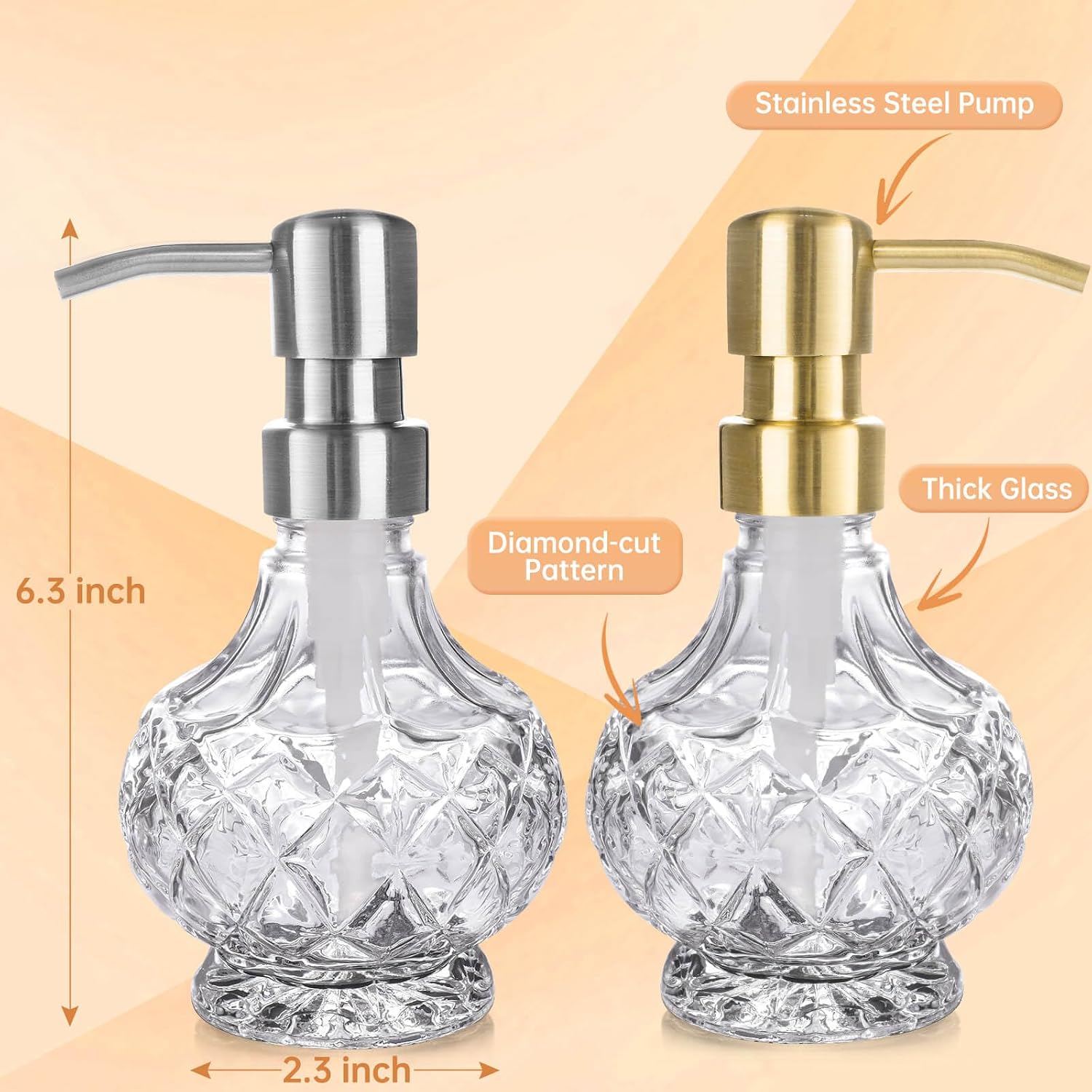 Glass Soap Dispenser Bathroom Hand Soap Dispenser with Stainless Steel Pump Liquid Soap and Lotion Dispenser Vintage Soap Dispenser Set for Bathroom Kitchen