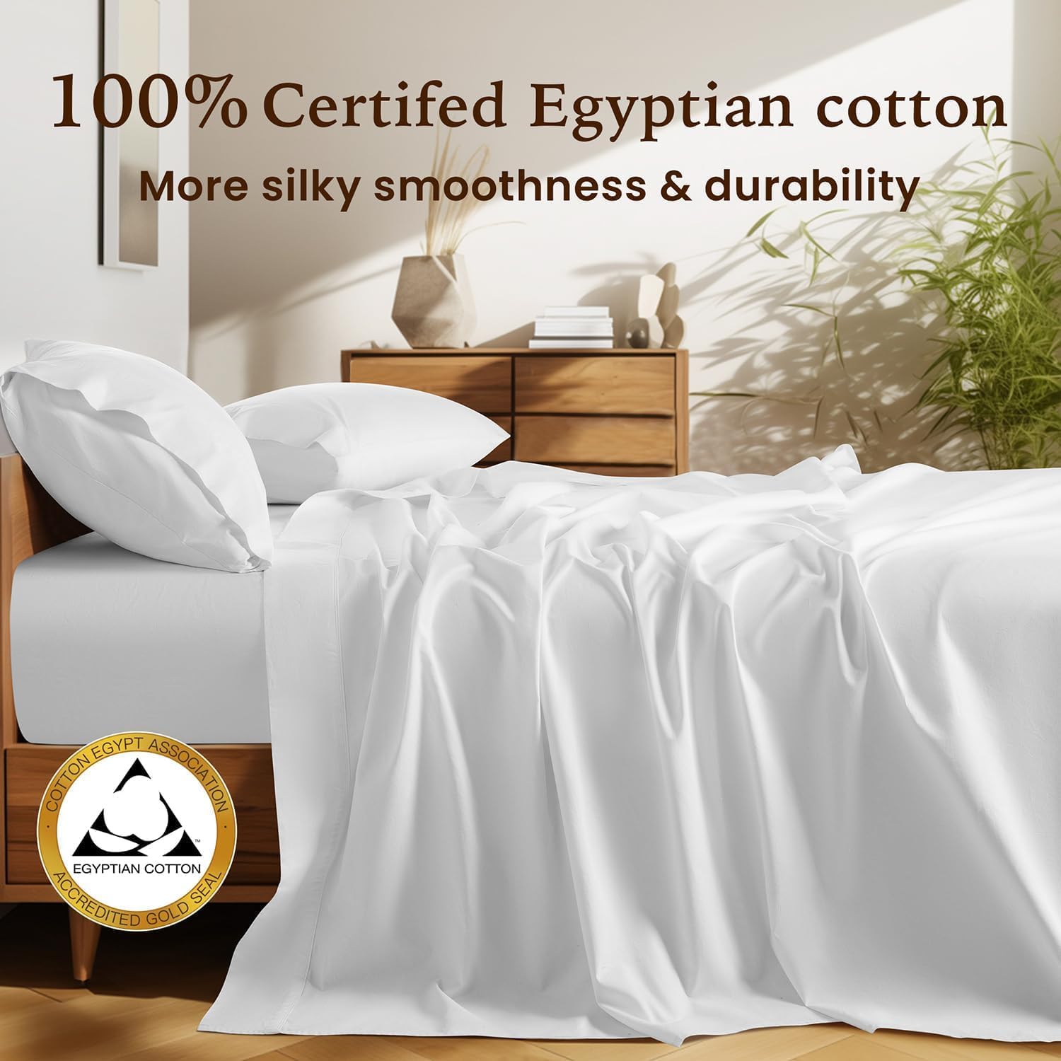 Shilucheng 100% Cotton King Size Sheets Set - 1500 Thread Count，Luxury Egyptian Cotton Bed Sheets，5-Star Hotel Quality Sheets, Breathable & Cooling, 16 Inch Deep Pocket - 4 Piece (White) - Image 2